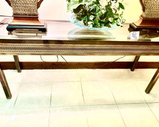 Outstanding filigree edge brass/glass console