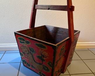 Antique 19th - Early 20th Century Chinese Hand Painted Oxen Bucket. Used by Farmers to Carry Water, Grain or Rice. Dragon, Lion, Asian