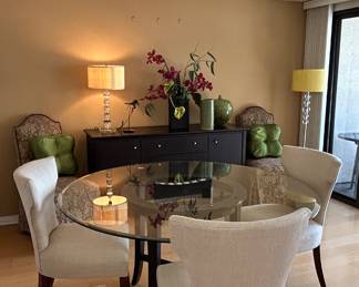 Crate and Barrel Style Halo Dining Room Set with Circular Glass Table and 4 White Upholstered Dining Chairs