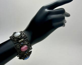 Vintage 1960s Jewelry: Pink, Blue and White Opaline Cabochone Glass Crystal Interchangeable Rotating Chunky Bracelet
