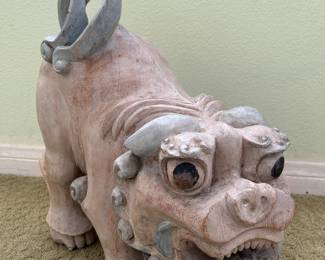 Carved Wood Artwork Sculpture: Chinese Guardian Lion, Foo Dog, Shishi. Protects Buildings from Harmful Influences. Symbolizes Power, Protection and Good Fortune.