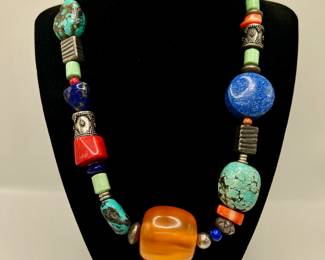 Artisan Sterling Silver Necklace with Lapis Lazuli, Turquoise, Red Coral, Carnelian Agate, Variscite. Bohemian, Tribal, African, Ethnic, Bead, Bold Handcrafted Necklace.