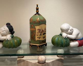 Vintage Chinese Hand Carved Wood Sculpture of "Lucky Baby Buddha" or Sleeping Boy and Girl Resting on a Pumpkin.
