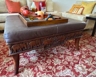 Sam Moore Hand Carved Elephant Motif Uphostered Square Bench