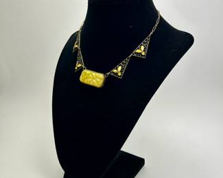 Antique 1920s Art Deco Jewelry: Satin Yellow Czech Glass with Yellow Enamel Necklace/Choker