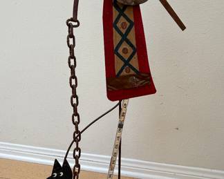 Whimsical Folk Art: Metal Assemblage Sculpture "Mara" by Bill and Marcia Finks aka Primitive Twig. Woman Walking Dog