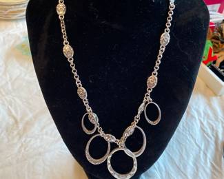 Brighton Silver tone Filigree & Chain Link Necklace Oval Dangles 