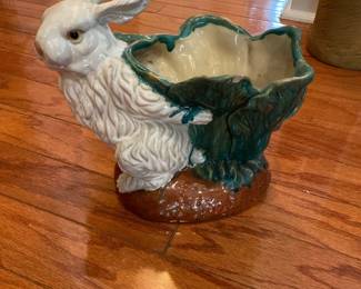 vintage Majolica Bunny Rabbit planter 