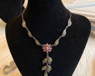 Pink flower and green leaf choker necklace 