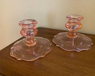 Lancaster Pink Depression Glass No. 833 Candle Holder with Cutting