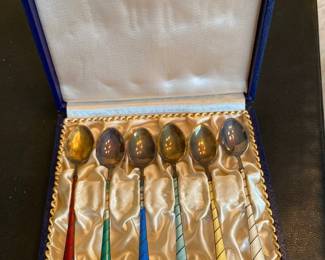 Set of 6 Egon Lauridsen Danish sterling silver and enamel demitasse spoons in original box 