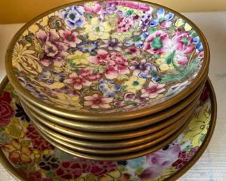 Chinese Famille Millefiori Porcelain Gold Peony Flower Plates 