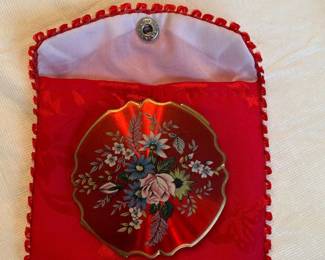 vintage mini oriental makeup compact with red pouch 