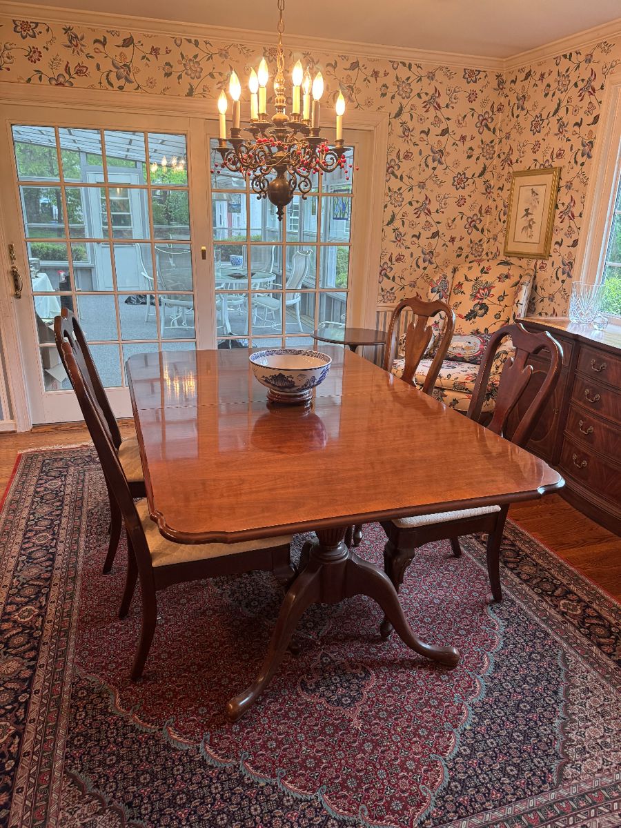 Drexel 2 Pedestal Rectangular Mahogany Dining Table (45"W x 29-1/2"H x 72"L with 2 Leaves 20"L each) with Drexel Dining Chairs (4 Side Chairs & 2 Armchairs)