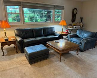 Hancock & Moore Leather 3 Seat Sofa (36"D x 84"W x 29" Back Height), Hancock & Moore Leather Armchair (36"D x 42"W x 29" Back Height) & Ottoman (28"W x 22"D x 18"H) & Thomasville Side Tables (26"D x 22"W x 22"H / each) & Coffee Table (38"W x 38"D x 18"H each)