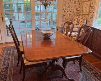 Drexel 2 Pedestal Rectangular Mahogany Dining Table (45"W x 29-1/2"H x 72"L with 2 Leaves 20"L each) with Drexel Dining Chairs (4 Side Chairs & 2 Armchairs)