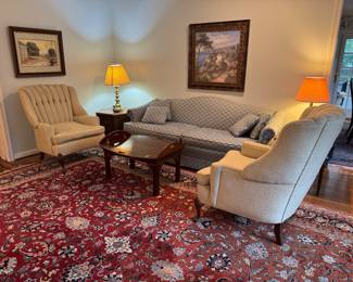 Frederick Edward Camel Back Upholstered Sofa (34"D x 88"W x 33" Back Height) & Vincent Geich Vintage Wingback Tufted Armchair (32"Q x 40"D x 40" Back Height / Pair)