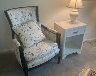 Floral Motif Upholstered Armchair (36"H x 25-1/2"W x 28"D) with MCM 1 Drawer End Table (14"D x 18"W x 25"H)