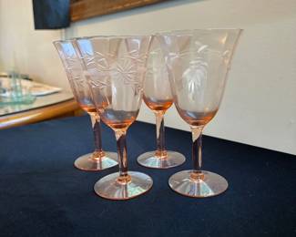 set of four pink depression glass wine glasses