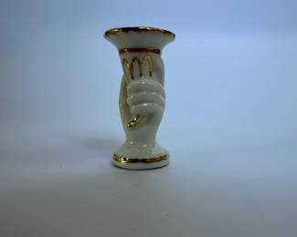 Vista Alegre VA 3" H Porcelain White and Gold Trim Figural Hand Vase