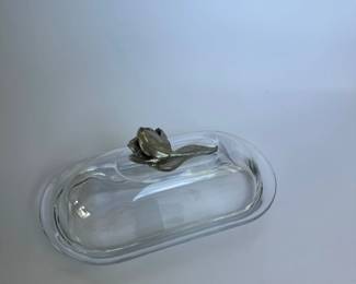 Glass Butter Dish with decorative metal tulip on lid