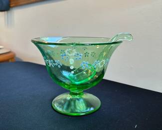 Cambridge Glass Co. Wildflower Etched rare Green footed sauce bowl