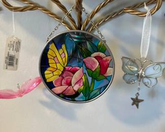 Vintage Stained Glass Butterfly and Flowers