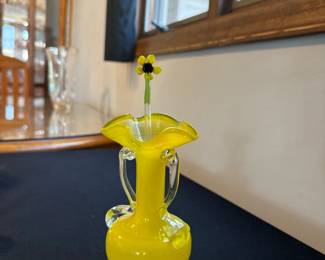 yellow art glass vase with applied handles ruffled top