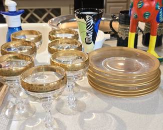 24 KT Gold Trim Champagne Goblets and Lunch Plates