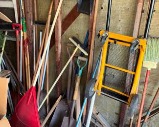 Yard tools, rakes, shovels, snow shovels