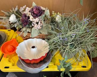 Jell-o molds, Tupperware, faux flower arrangements