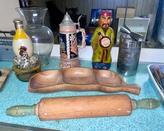 Vintage rolling pin, liquor bottles