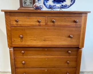 Period Tall Cherry Chest of Drawers, Flow Blue, Clocks