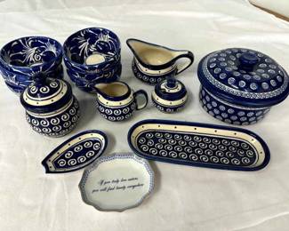 Set of Vintage Polish dish set matching set blue ceramic dish bowl and tray blue art