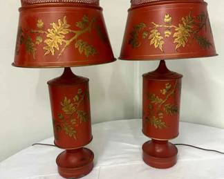 Pair of Vintage Toleware Red and Gold Metal Lamps