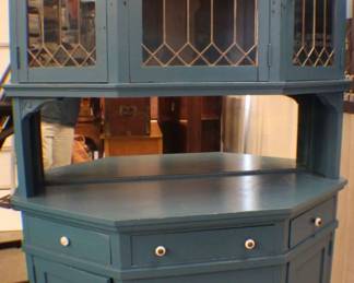 Vintage Blue Hutch with GlassPanel Cabinets and Ample Storage