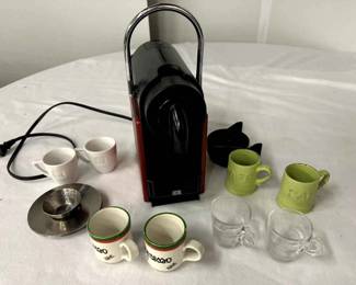 Nespresso Coffee Maker, 4 sets of Espresso cups, 3 silver saucers