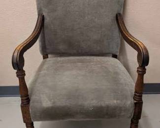 Vintage Gray Upholstered Armchair with Carved Wooden Frame