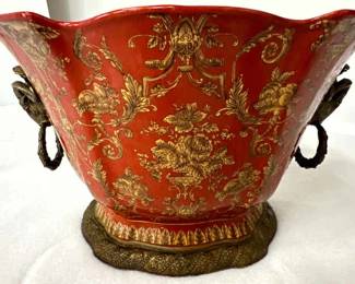 Large Red Porcelain and Ormolu Planter Jardiniere Ram Head Handles