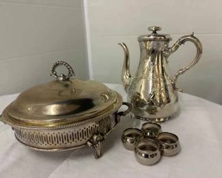 Silver plate duo server with lid, silver plate coffee pot, 4 silver napkin rings