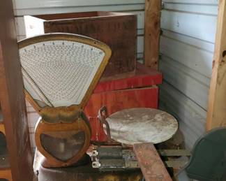 Vintage scale, wood boxes- more quick pics of shed items
