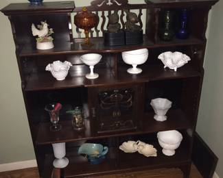 Nice shelf with lots of milk glass etc