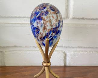 Glass Egg -Venetian Art -B & W Gold Flake with Goldtone Metal Stand