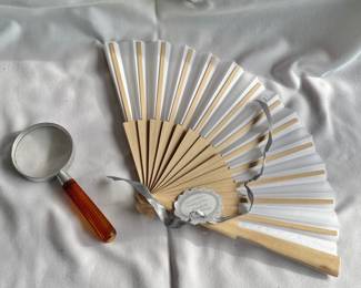 Decorative Fan & Handheld Magnifying Glass-Vintage Wood Silver Plated Desktop