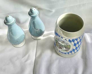 Denby Blue Castile Pepper & Salt Shaker &
Vintage German Beer Mug