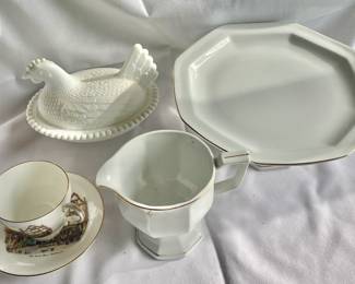 Glass Hen, 9.5 White Ceramic Cake Stand, Old Coach Tea Cup & Saucer, Milk