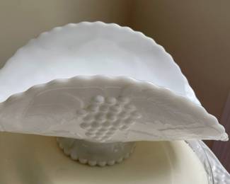 Milk Glass Fruit Bowl - Grape Leaf Design 12.5" X 5" White- LE Smith Vintage