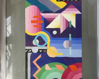 Geometric Print Metal Framed with gray mat.