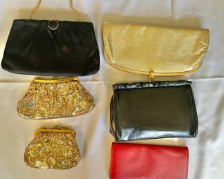 Whiting Davis Gold Purses- Goldtone Clutch, Red Clutch, 2 Black Clutches