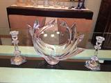 Baccarat Candlesticks & French Signed Crystal Deco Bowl